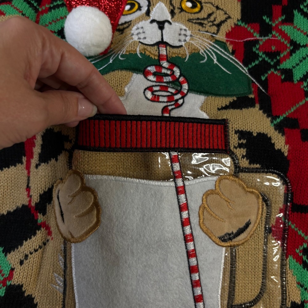 Celebrate Together Men's XL Ugly Christmas Sweater Cat Drinking Pocket 3D NWT - Picture 2 of 13